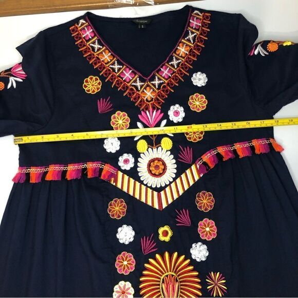Floryday EMBROIDERY Midi Dress Tiered with Tassels Navy Size Small - Picture 10 of 11